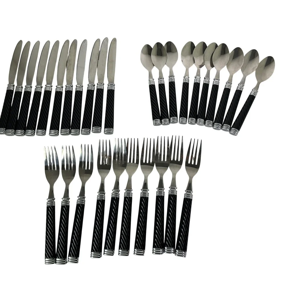 Vtg Stainless Taiwan Black Spiral Handle Flatware Set 30 Knives Forks Spoon MCMs